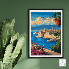 Antibes Travel Print showcasing the scenic beauty of Antibes, France, with vibrant colors and coastal views.