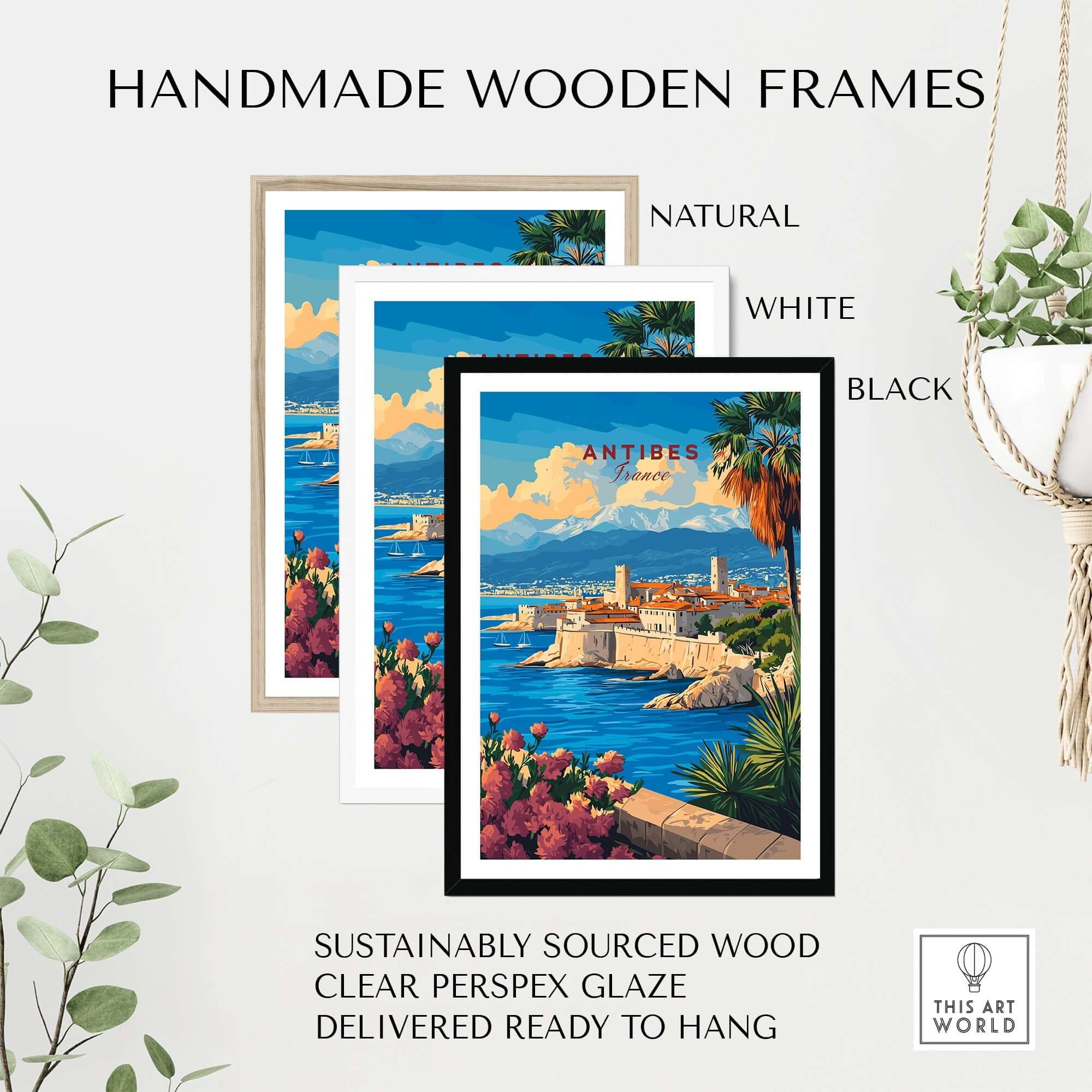 Handmade wooden frames for Antibes Travel Print in natural, white, and black finishes.