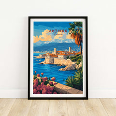 Antibes Travel Print showcasing a vibrant view of Antibes, France with mountains and palm trees.