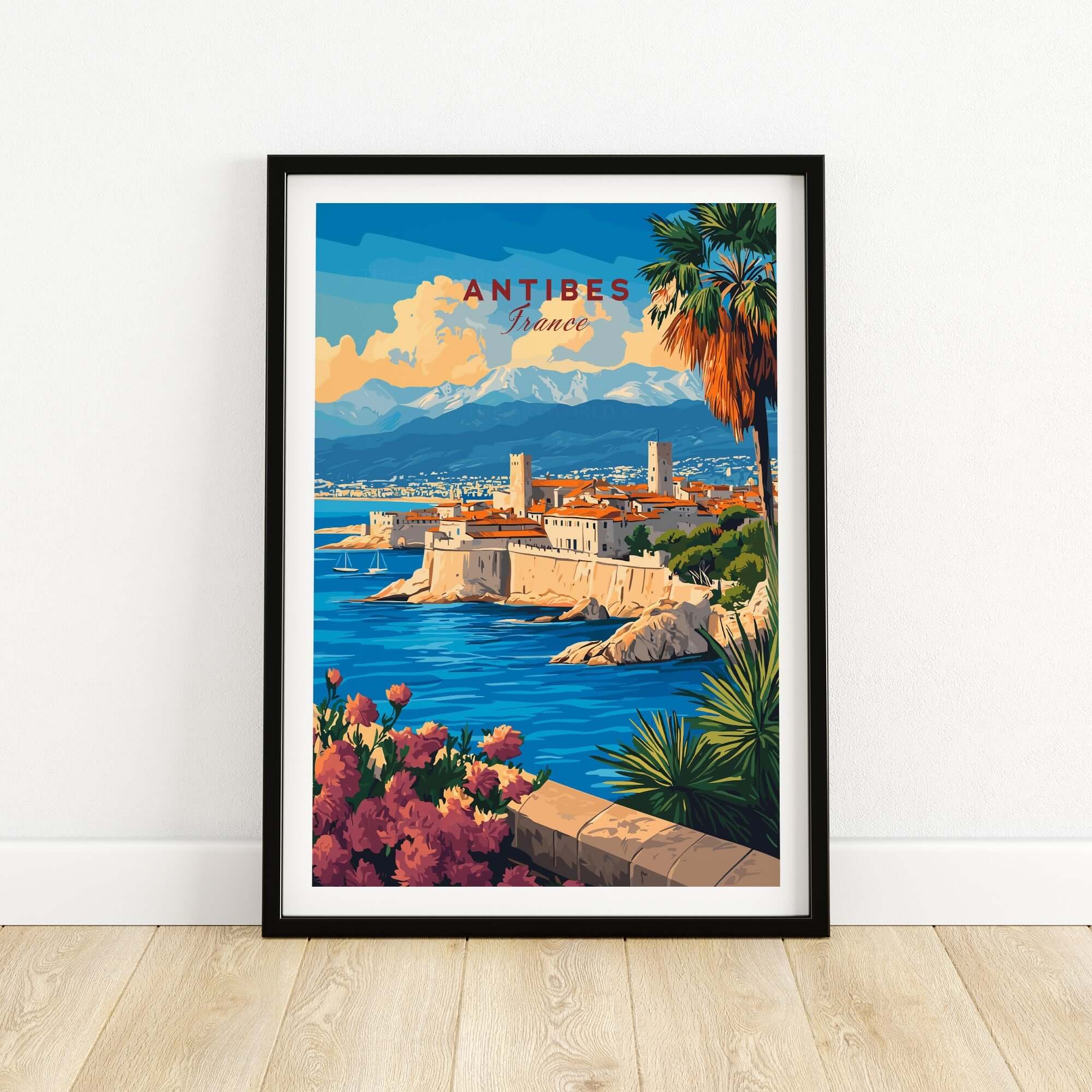 Antibes Travel Print showcasing a vibrant view of Antibes, France with mountains and palm trees.