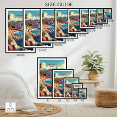 Antibes Wall Art size guide showcasing various frame sizes for this vibrant coastal artwork.