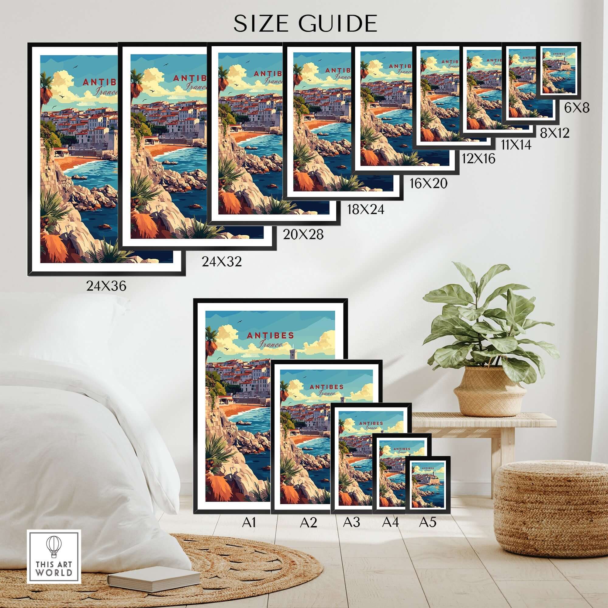Antibes Wall Art size guide showcasing various frame sizes for this vibrant coastal artwork.