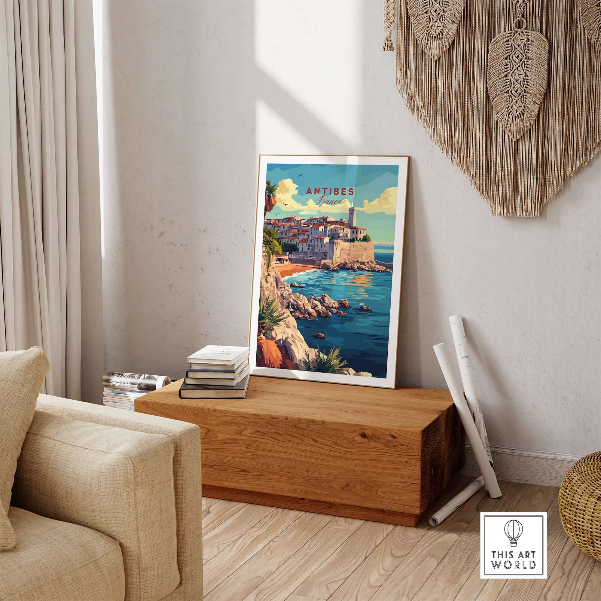 Antibes Wall Art displayed in a stylish living room setting, showcasing vibrant coastal colors and Mediterranean charm.