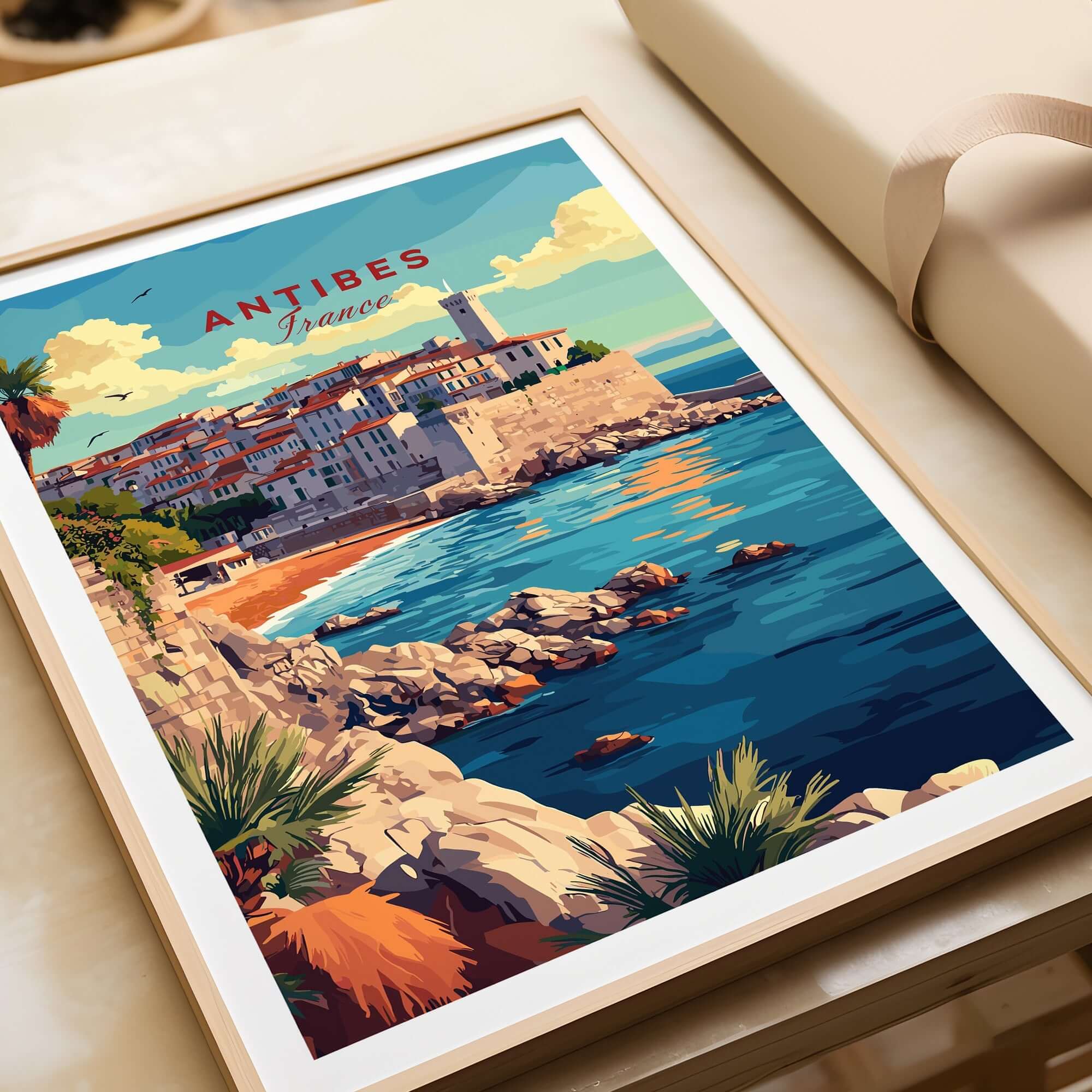 Antibes Wall Art depicting the coastal town of Antibes, France with vibrant colors and Mediterranean atmosphere.