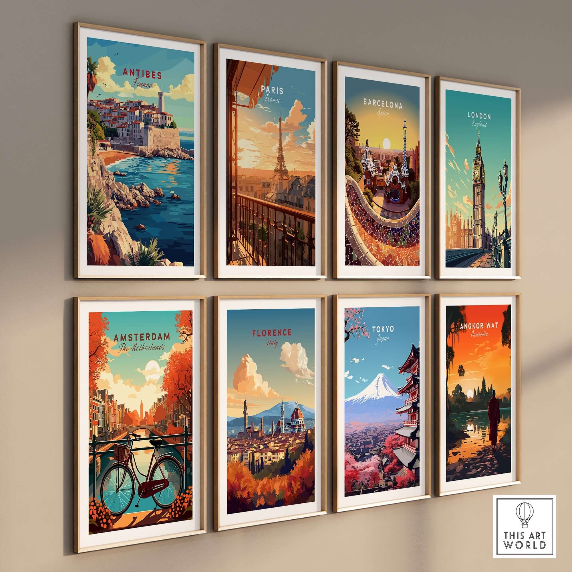 Antibes Wall Art collection featuring vibrant cityscapes including Paris, Barcelona, London, and more.