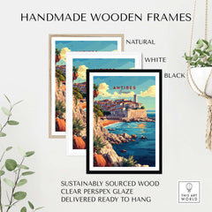 Antibes Wall Art displayed in handmade wooden frames: natural, white, and black options, featuring a coastal scene.