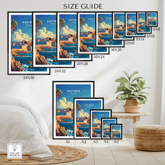 Antibes Wall Art Poster size guide showcasing various frame sizes and designs for home decor inspiration.