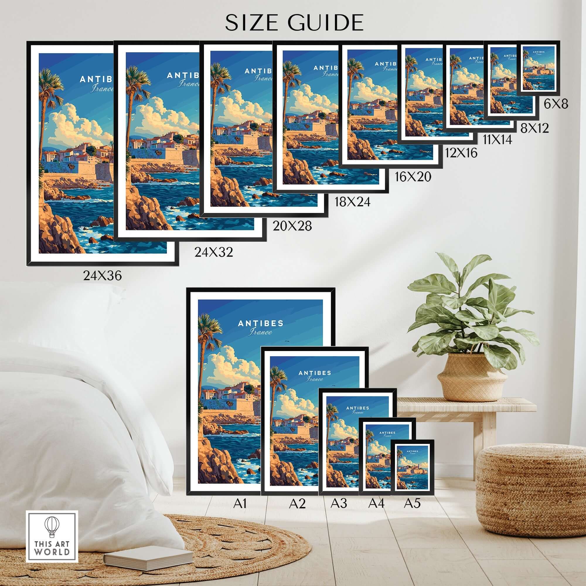 Antibes Wall Art Poster size guide showcasing various frame sizes and designs for home decor inspiration.