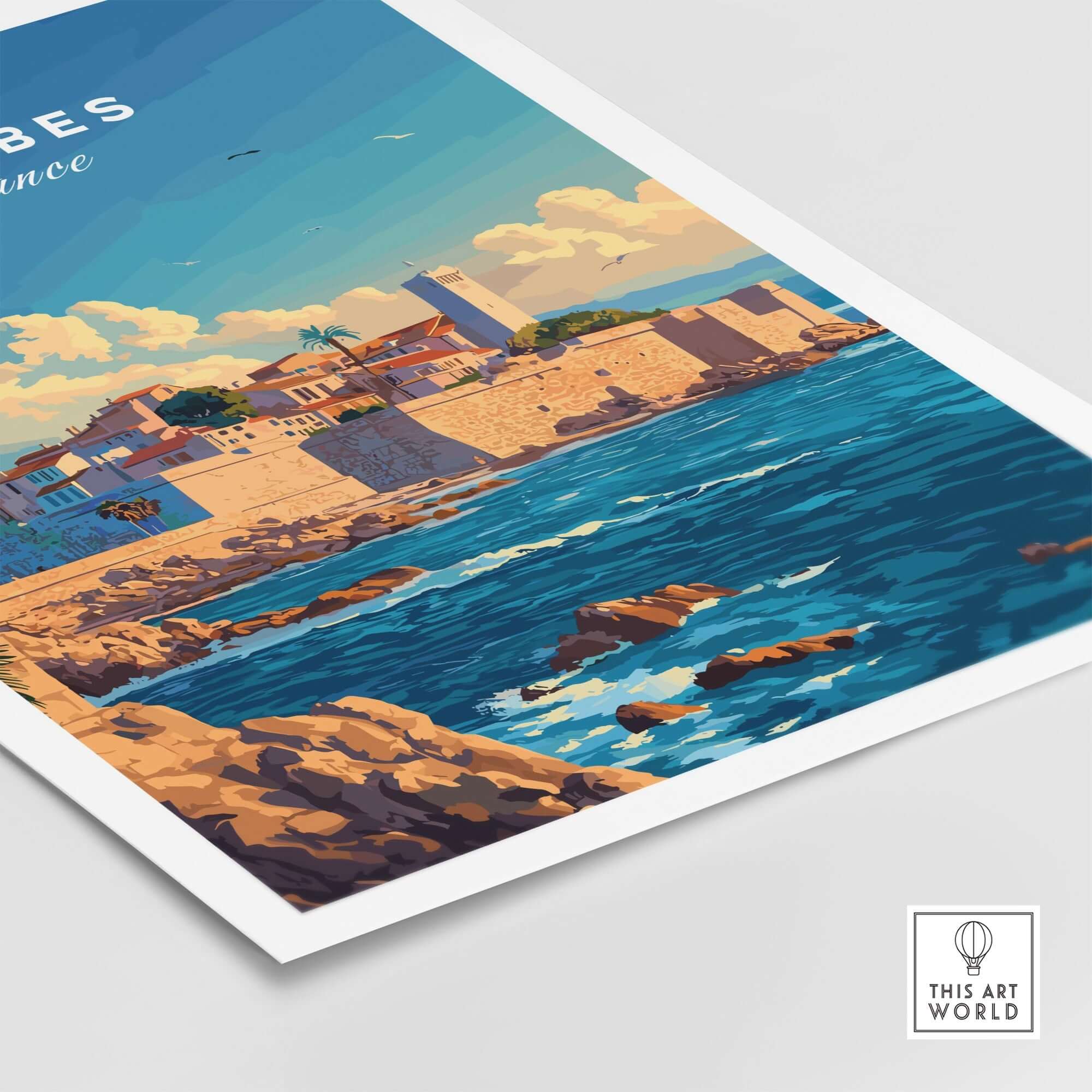 Antibes Wall Art Poster featuring a scenic view of the French Riviera with beautiful homes and tranquil sea.