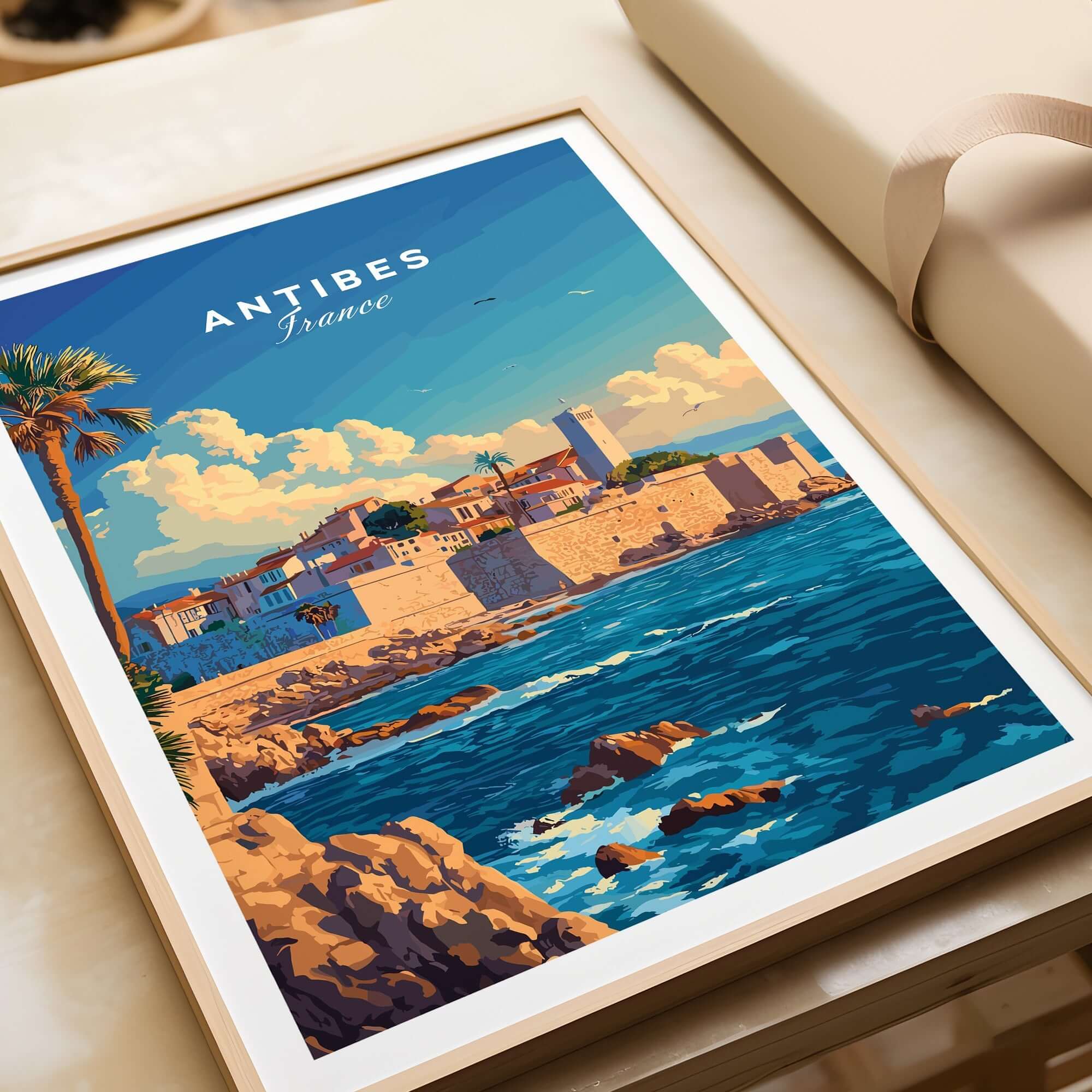 Antibes Wall Art Poster showcasing a picturesque coastal view of Antibes, France with vibrant colors and scenic beauty.