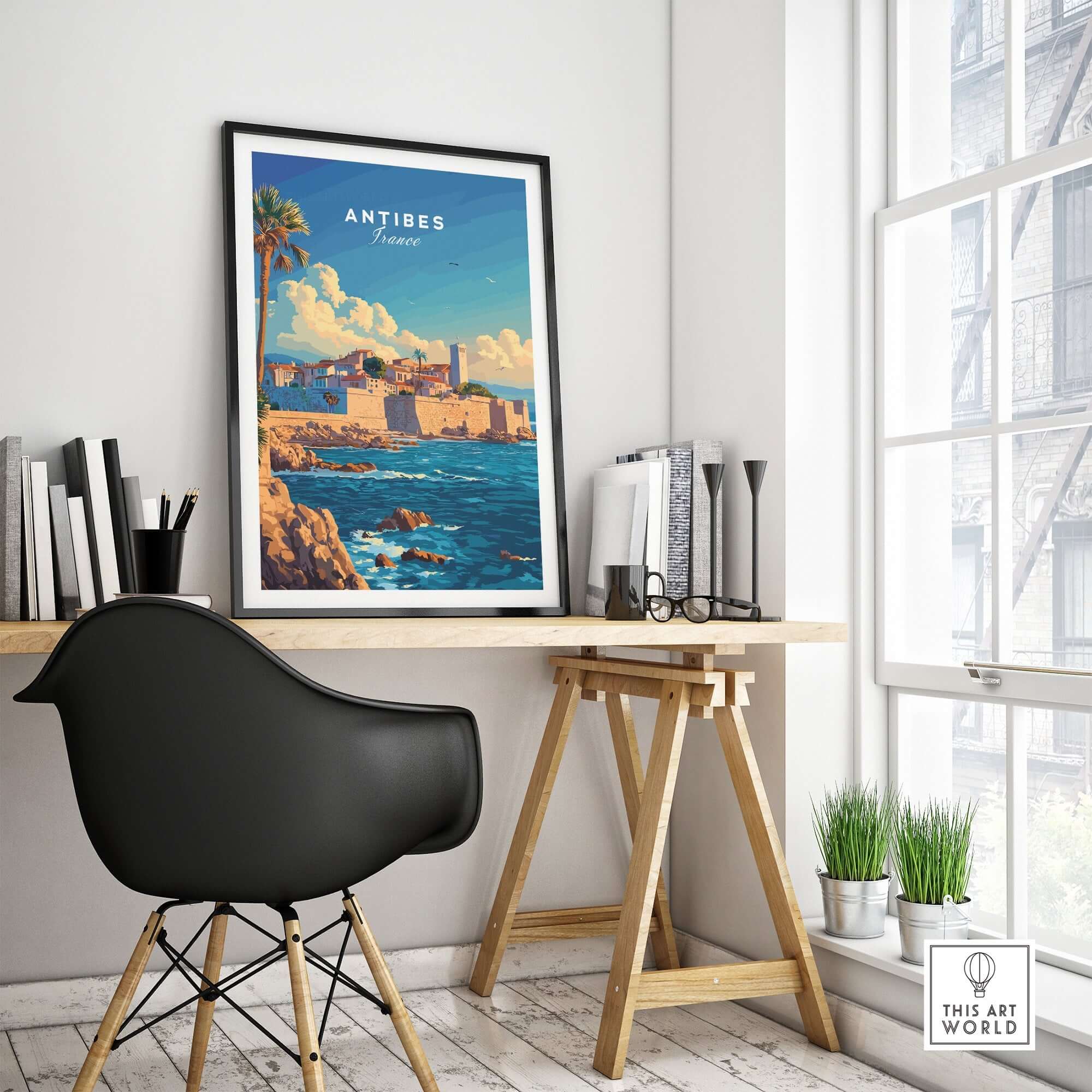 Antibes Wall Art Poster displayed in a modern interior, showcasing the beauty of the French Riviera.