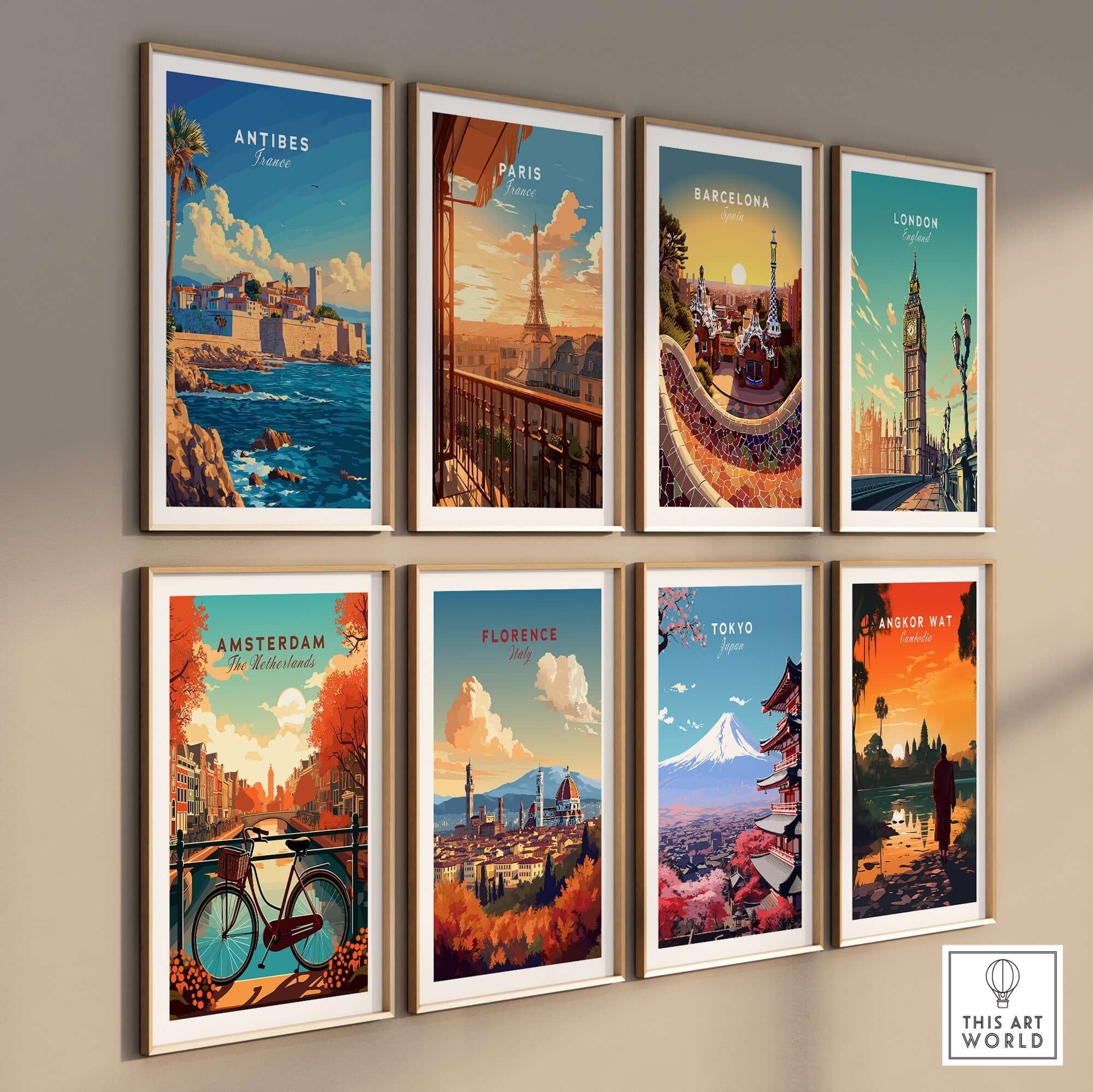 Antibes Wall Art Poster featuring scenic views of popular cities including Antibes, Paris, and Barcelona.