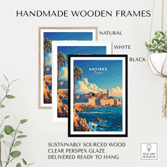 Antibes Wall Art Poster in handmade wooden frames: natural, white, and black options displayed with plants