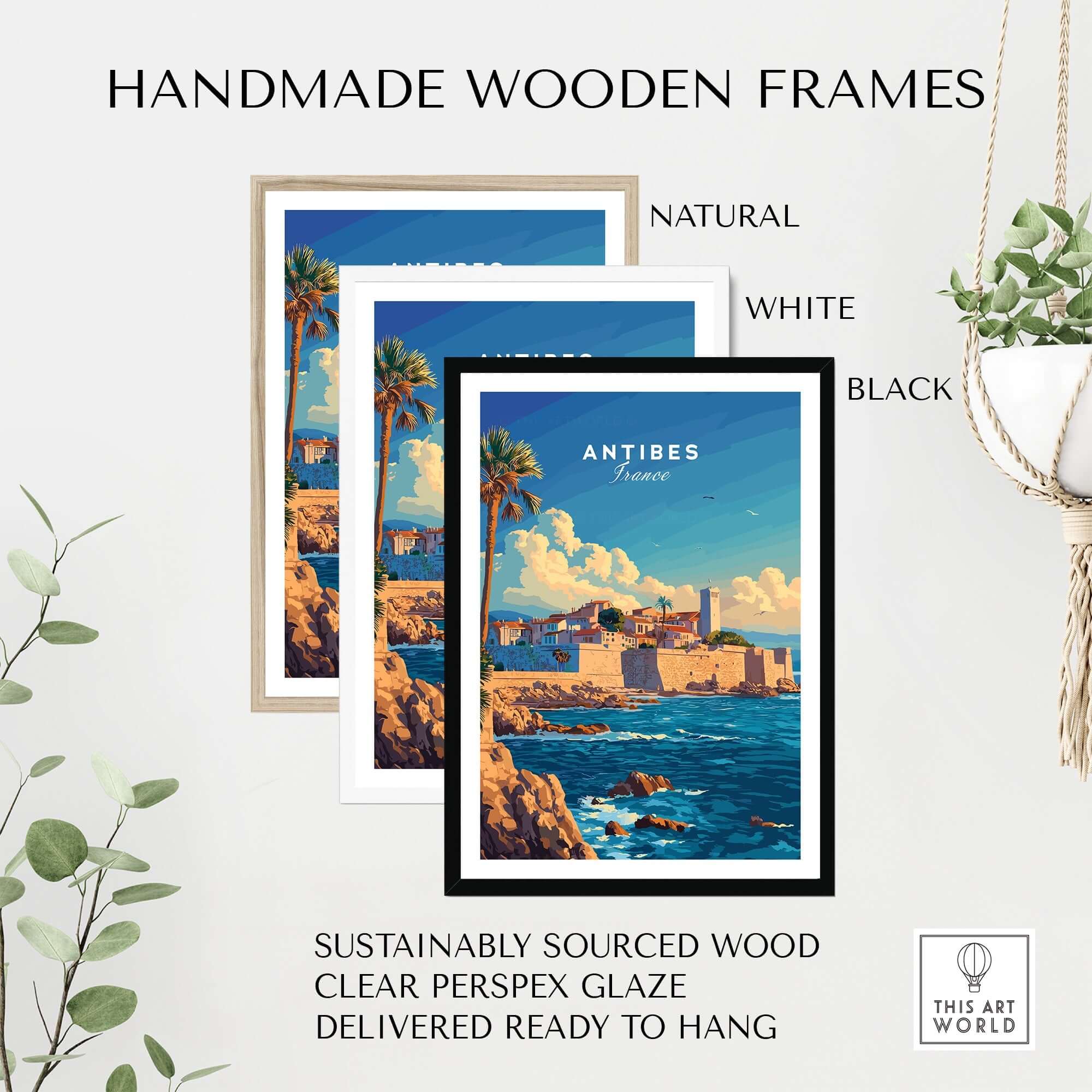 Antibes Wall Art Poster in handmade wooden frames: natural, white, and black options displayed with plants