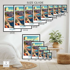 Antibes Wall Art Print size guide showcasing various dimensions and styles for home decor.