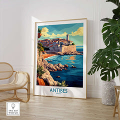 Antibes Wall Art Print featuring the picturesque coastal town of Antibes, France in a vibrant art style.