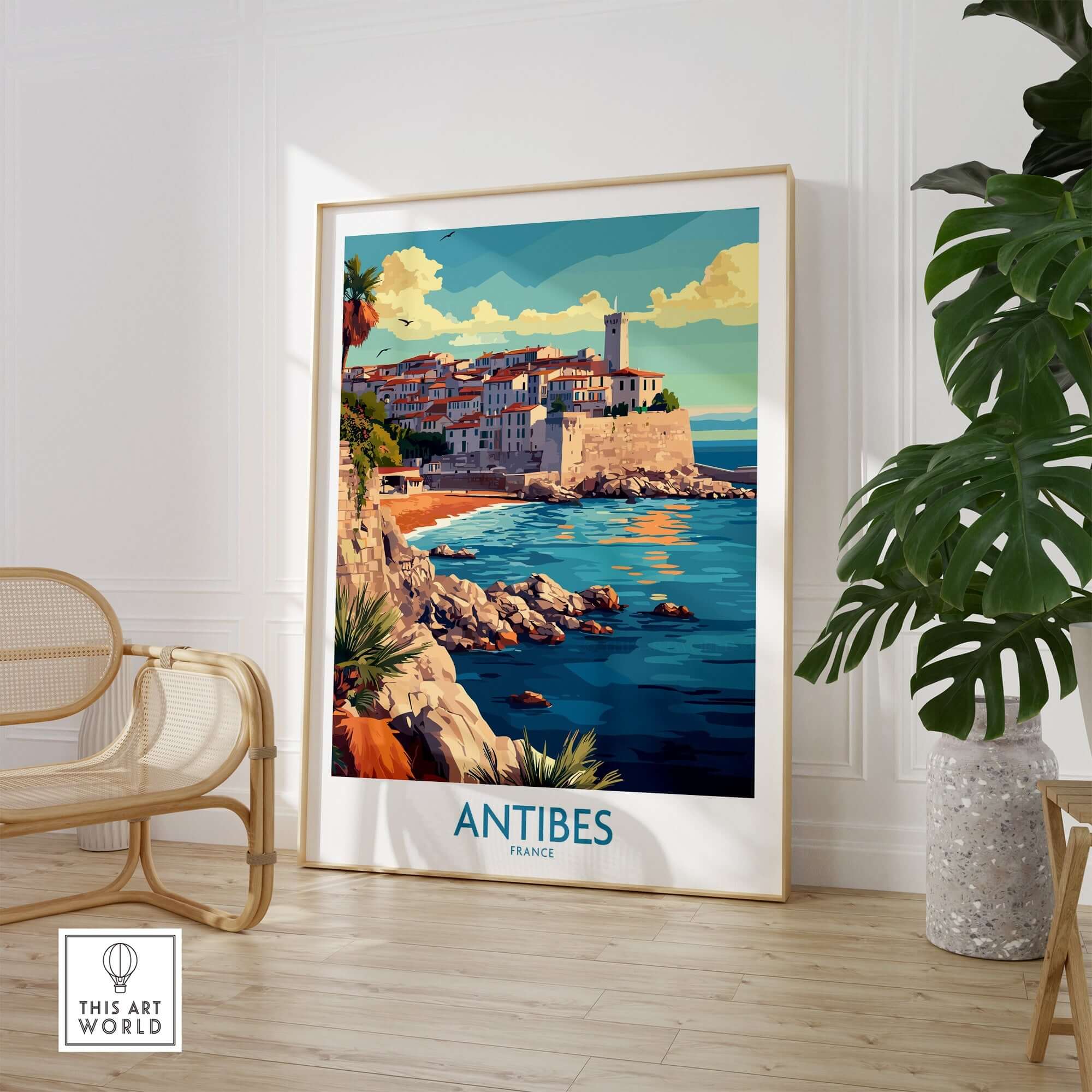 Antibes Wall Art Print featuring the picturesque coastal town of Antibes, France in a vibrant art style.