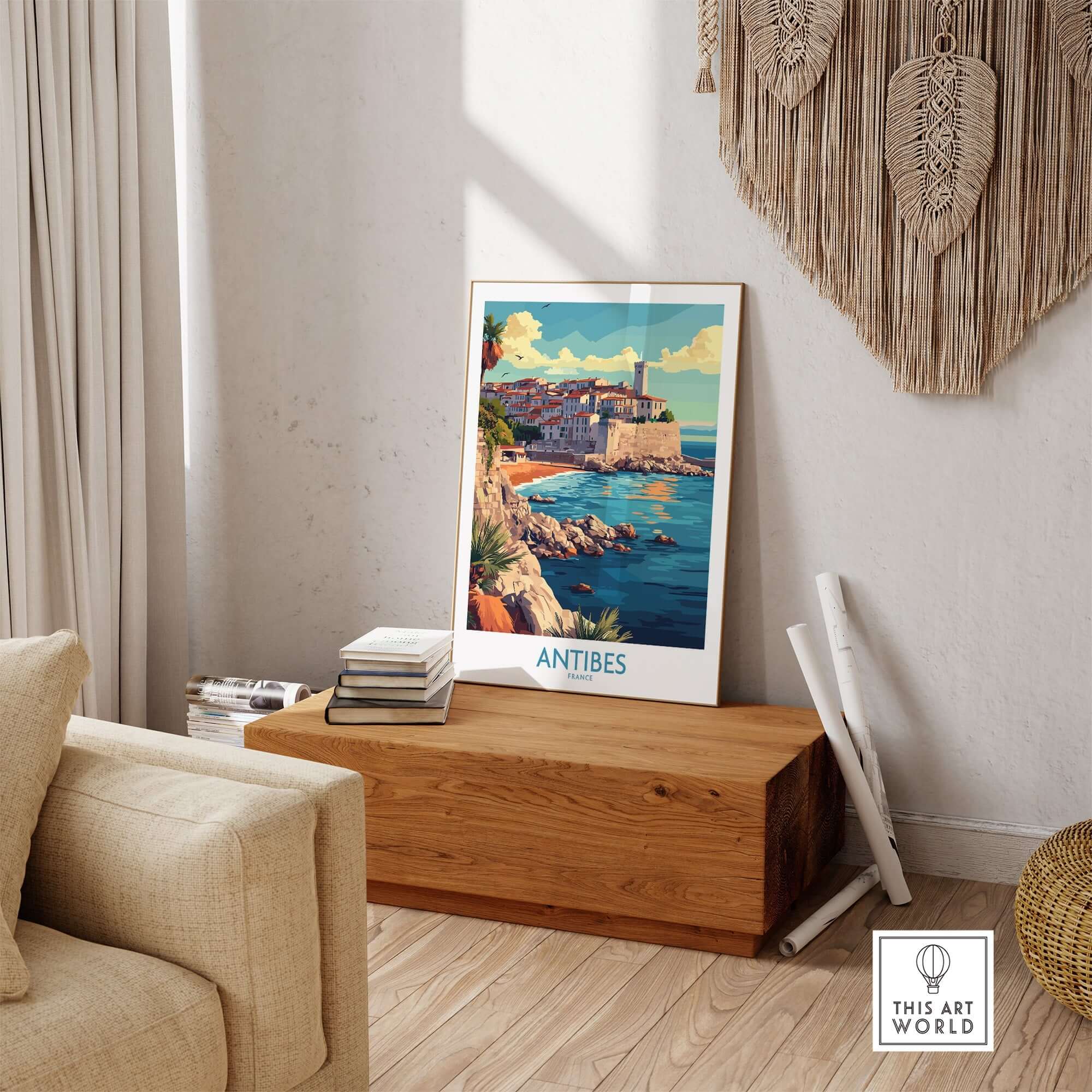 Antibes Wall Art Print displayed in a stylish interior setting, showcasing the beauty of Antibes, France.