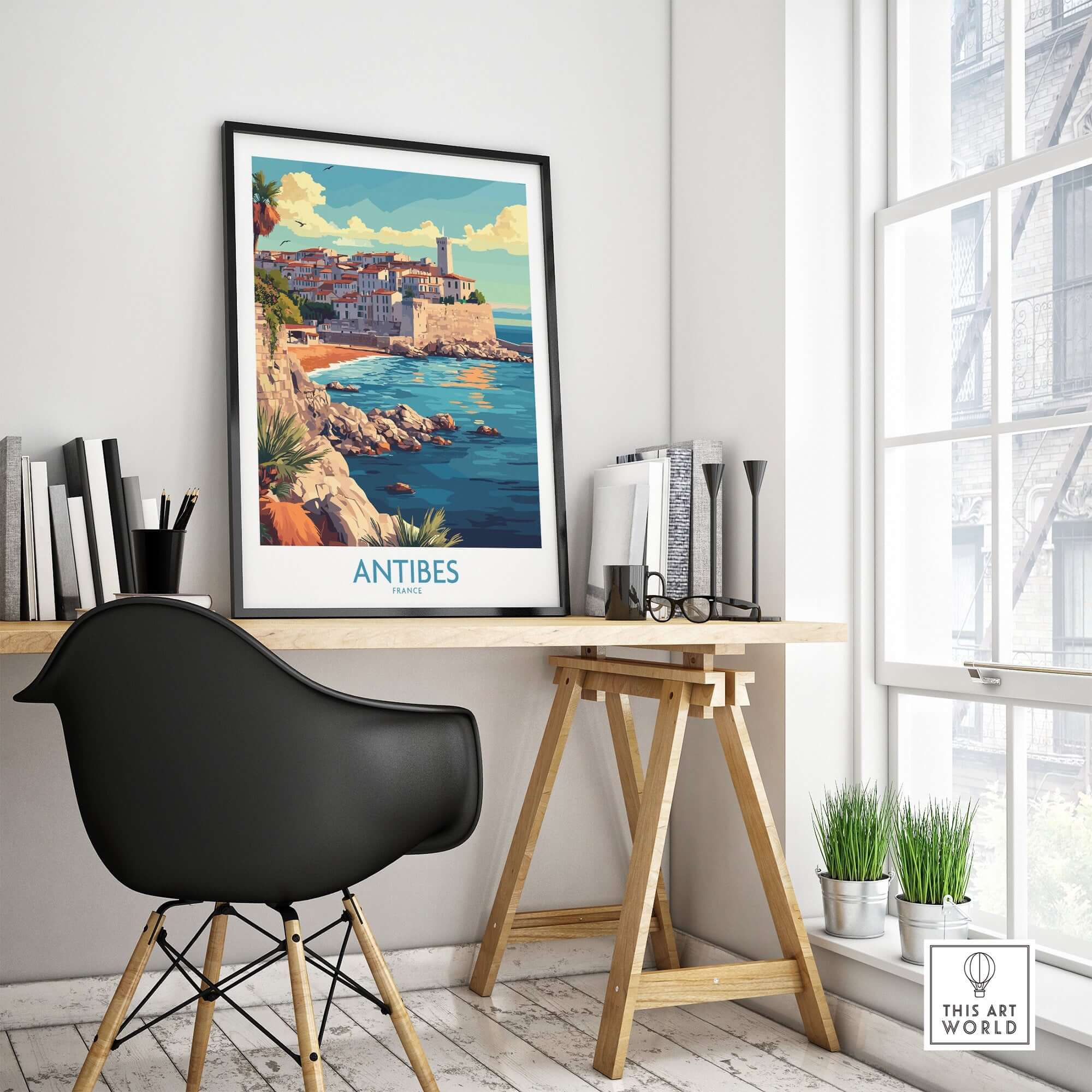 Antibes Wall Art Print showcasing the picturesque coastal town of Antibes in a stylish interior setting.