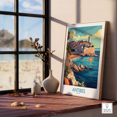 Antibes Wall Art Print featuring a coastal view of Antibes, France, elegantly displayed by a window.