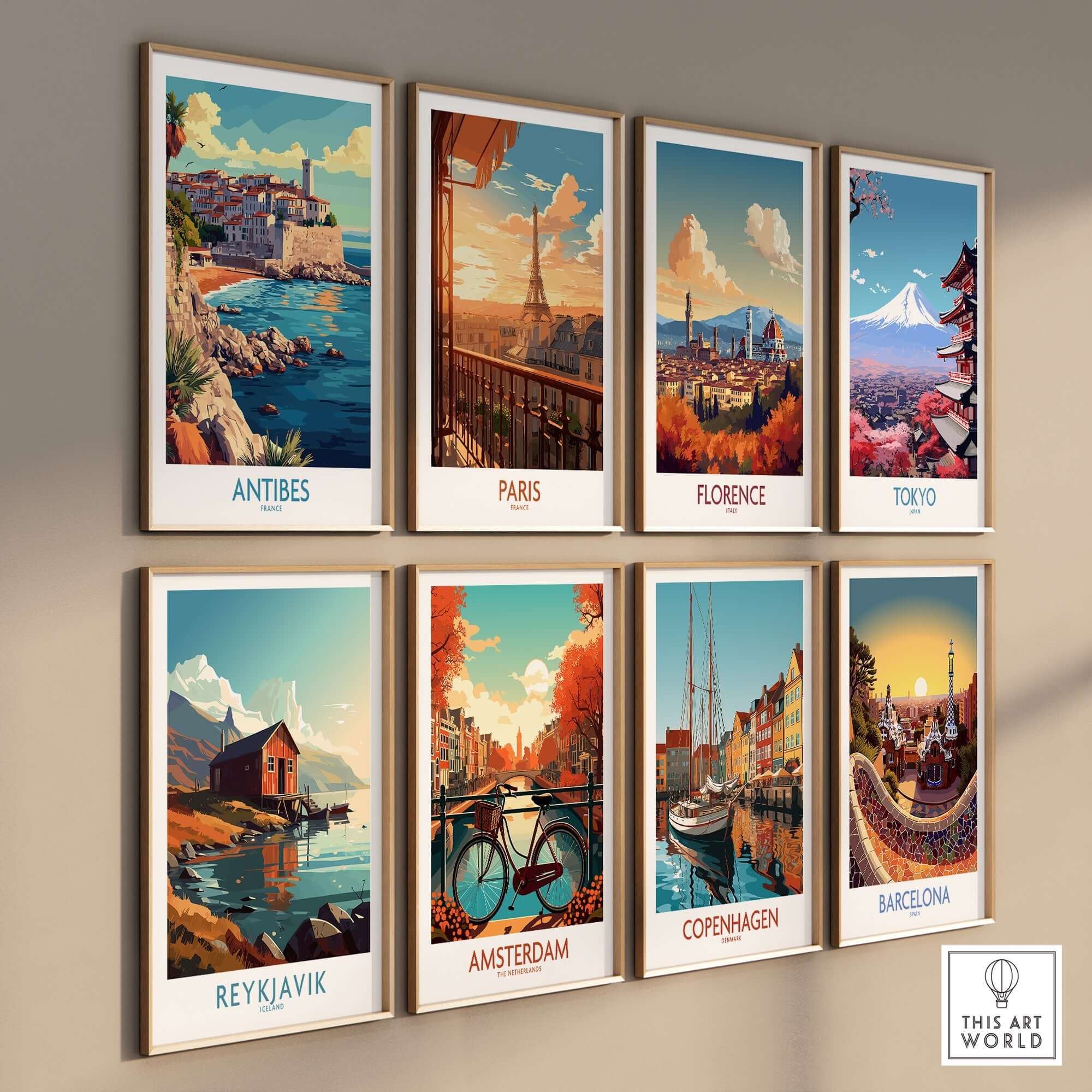 Antibes Wall Art Print featuring a picturesque view of Antibes, France, among other travel posters on a wall.