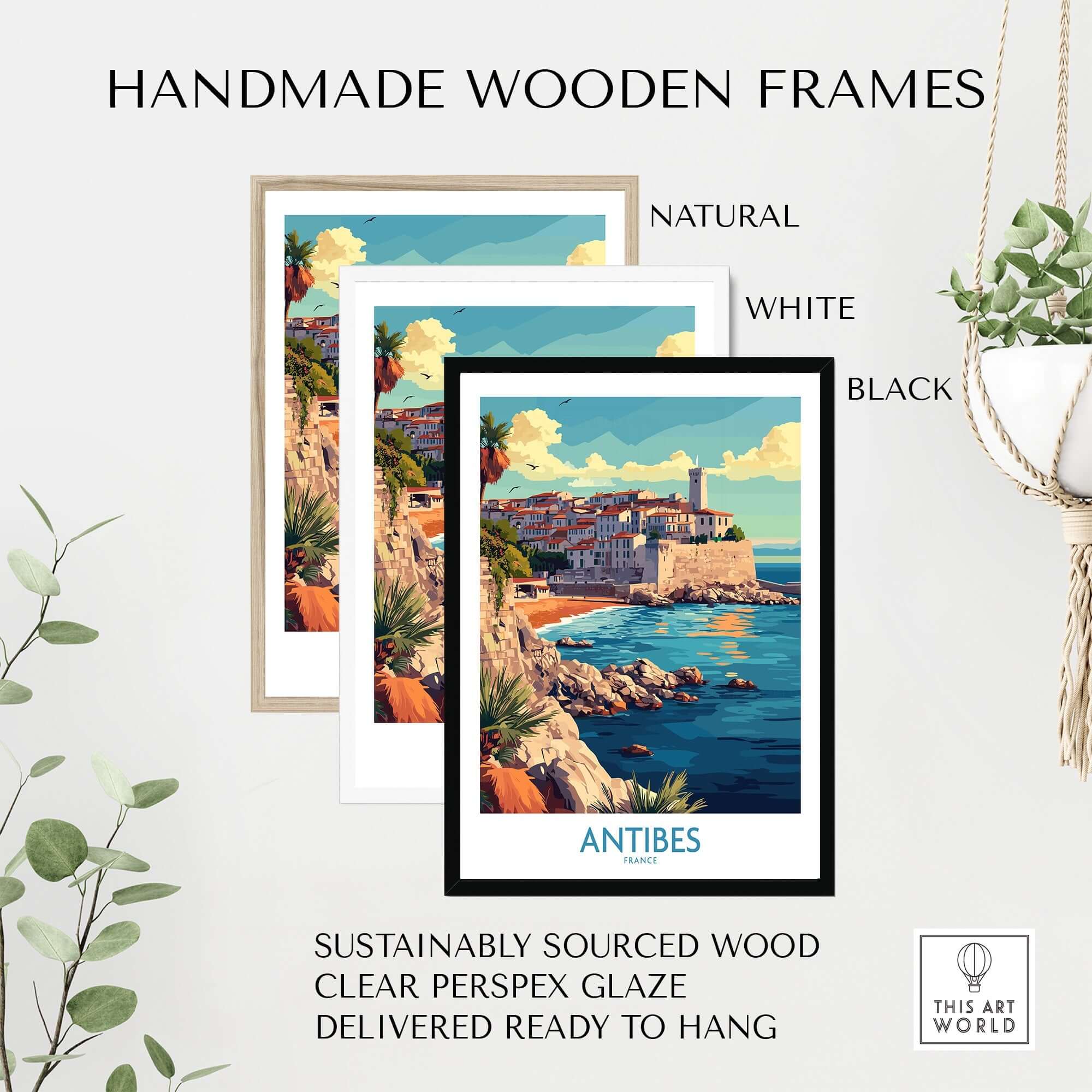 Antibes Wall Art Print displayed in handmade wooden frames—natural, white, and black—showcasing the coastal beauty of Antibes.