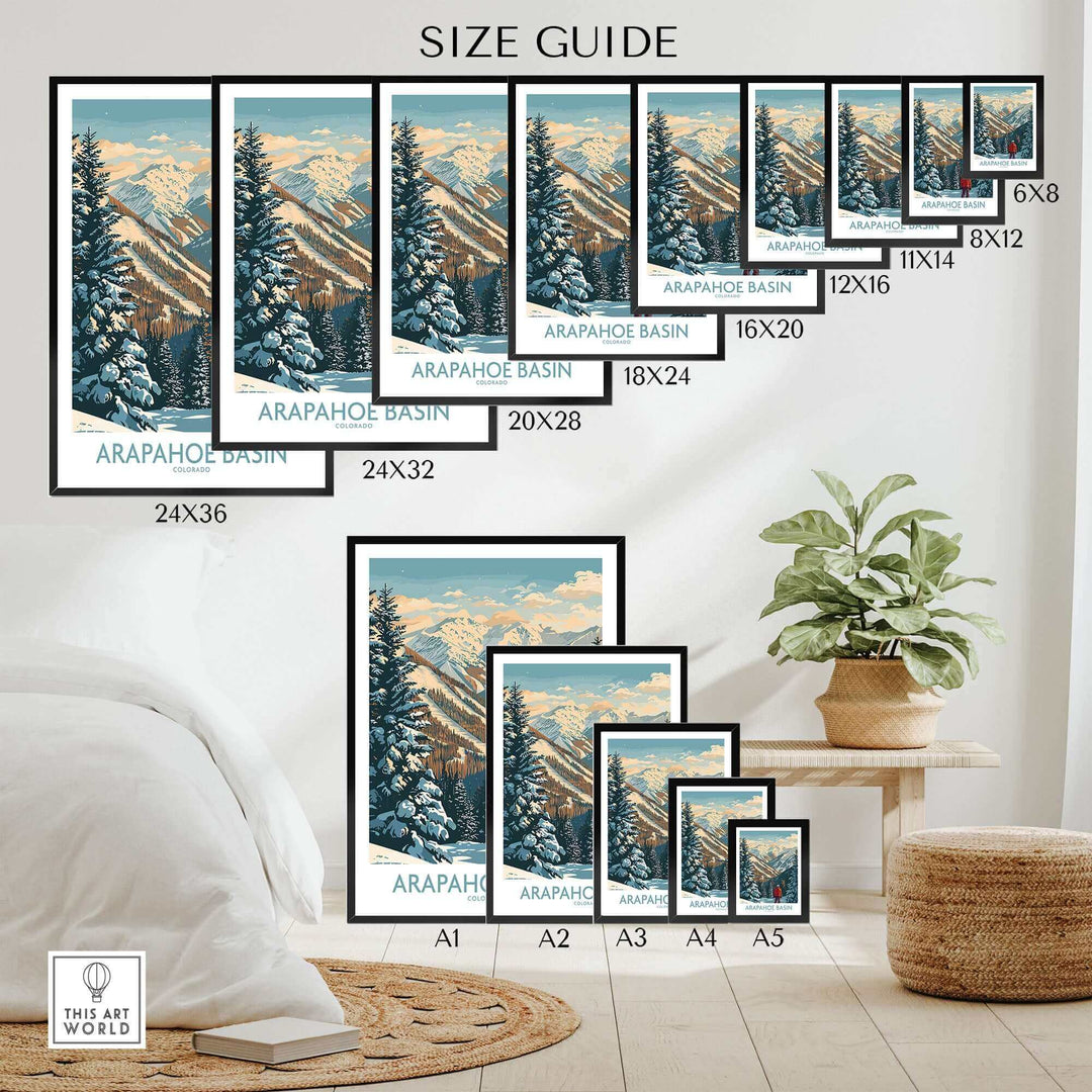 Arapahoe Basin Ski Poster in various sizes displayed in a room with a plant, showcasing the stunning ski resort imagery.