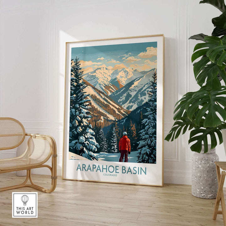 Arapahoe Basin Ski Poster on wall, featuring scenic mountain view, ideal for skiers and winter sports enthusiasts, enhancing home decor.