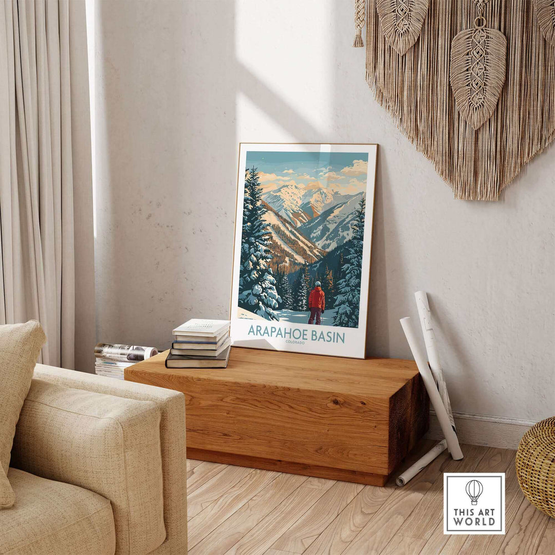 Arapahoe Basin Ski Poster featuring mountain scenery in a cozy living room setting.