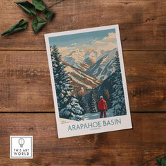Arapahoe Basin Ski Poster featuring a skier amidst snowy mountain scenery, perfect for winter sports enthusiasts and home decor.