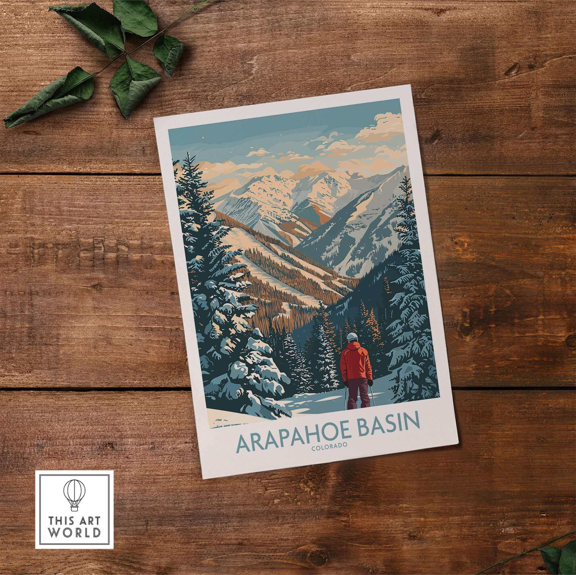 Arapahoe Basin Ski Poster featuring a skier amidst snowy mountain scenery, perfect for winter sports enthusiasts and home decor.