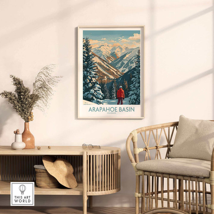 Arapahoe Basin Ski Poster displayed in a stylish living room, showcasing stunning mountain scenery and ski resort charm.