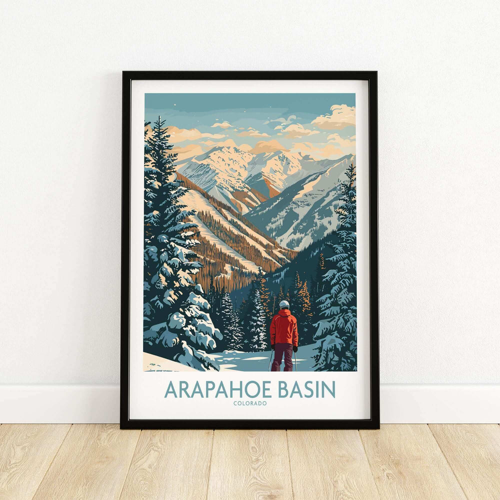 Arapahoe Basin Ski Poster featuring snowy mountains and skier, perfect for winter sports enthusiasts and home decor.