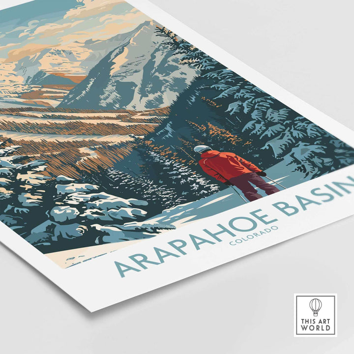 Arapahoe Basin Ski Poster featuring a skier and stunning mountain scenery, perfect for winter sports enthusiasts and home decor.