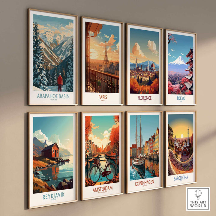 Collection of travel posters including Arapahoe Basin, Paris, Florence, Tokyo, Reykjavik, Amsterdam, Copenhagen, and Barcelona.