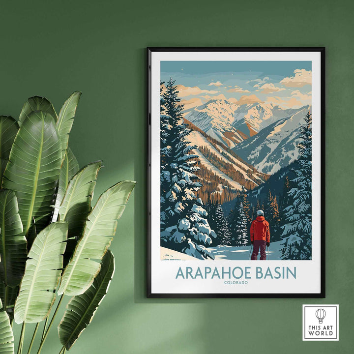 Arapahoe Basin ski poster featuring a skier in a red jacket amidst snowy mountains and pine trees, enhancing home decor.