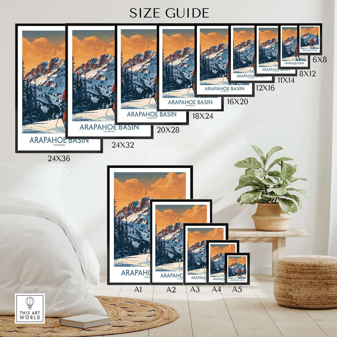 Size guide for Arapahoe Basin Ski Print showcasing available dimensions and placement options in a stylish setting.