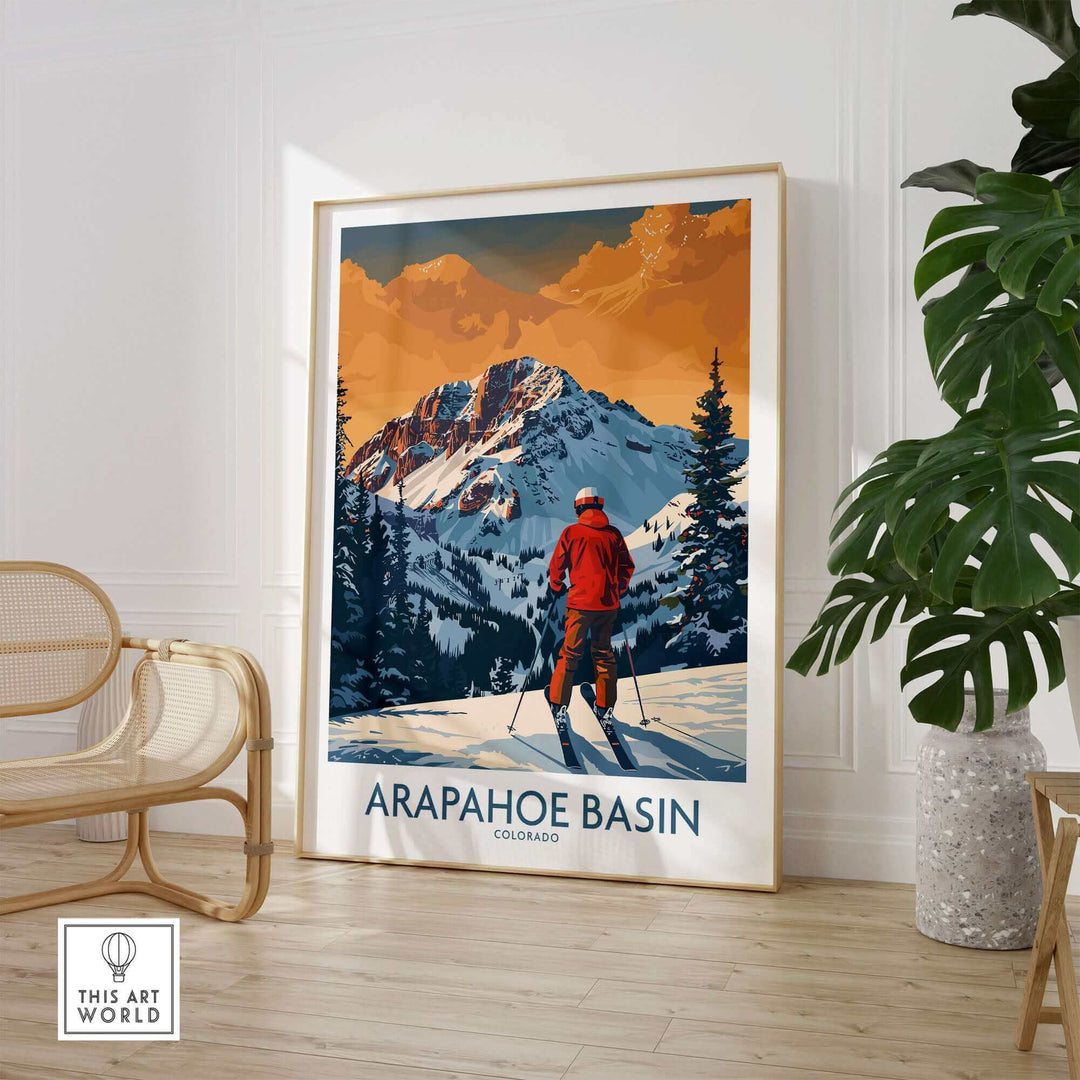 Arapahoe Basin ski print featuring a skier in Colorado's mountains, showcasing vibrant colors and scenic beauty.