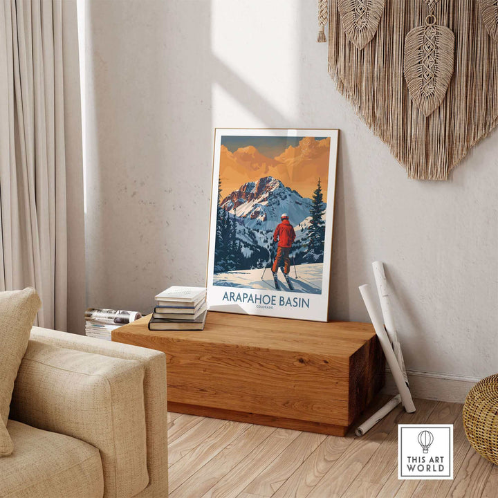 Arapahoe Basin Ski Print showcasing snowy mountains and skier, perfect for ski enthusiasts' decor.