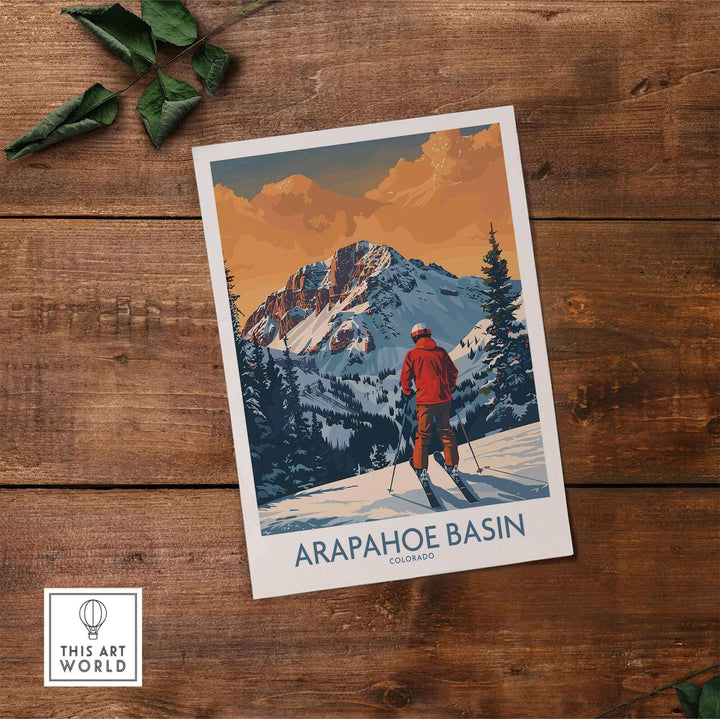 Arapahoe Basin ski print showcasing a skier in Colorado's scenic mountains, perfect for ski enthusiasts.