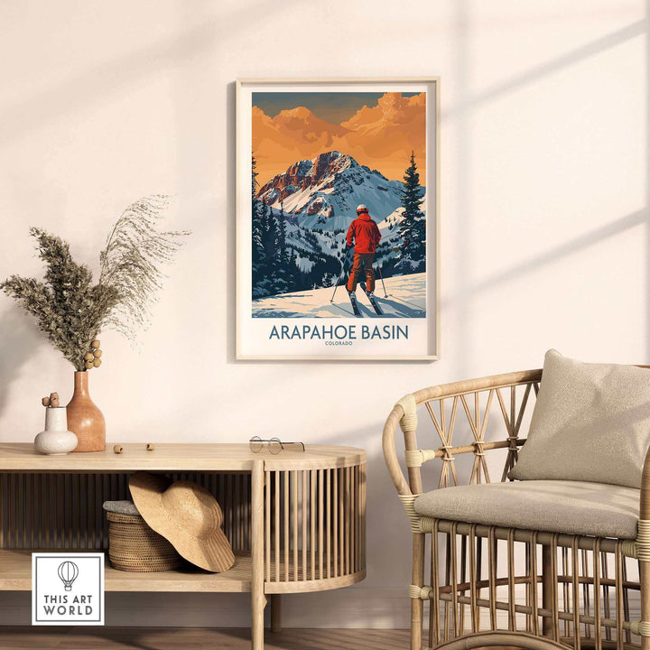 Stylish Arapahoe Basin ski print showing skier in Colorado mountains, perfect for home or office decor.