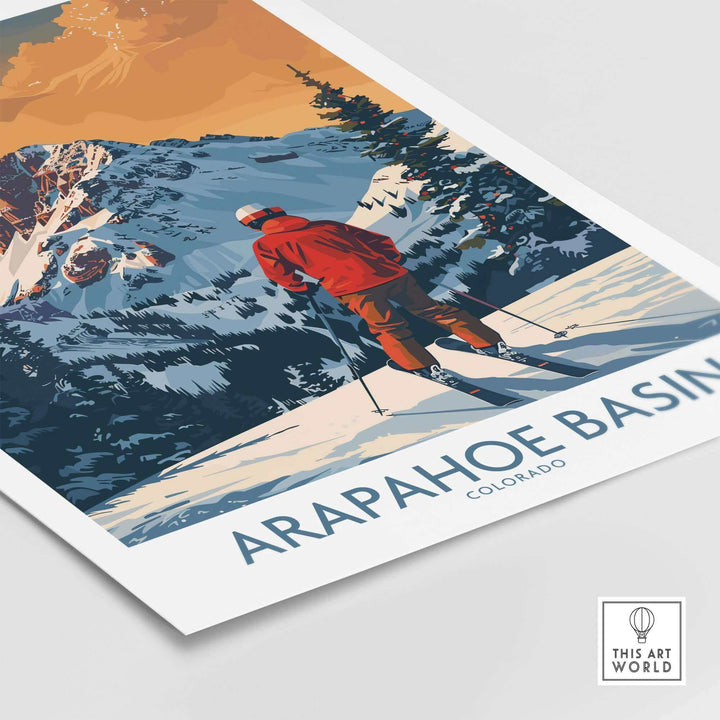 Arapahoe Basin ski print showcasing a skier in Colorado's scenic mountains, perfect for ski enthusiasts.