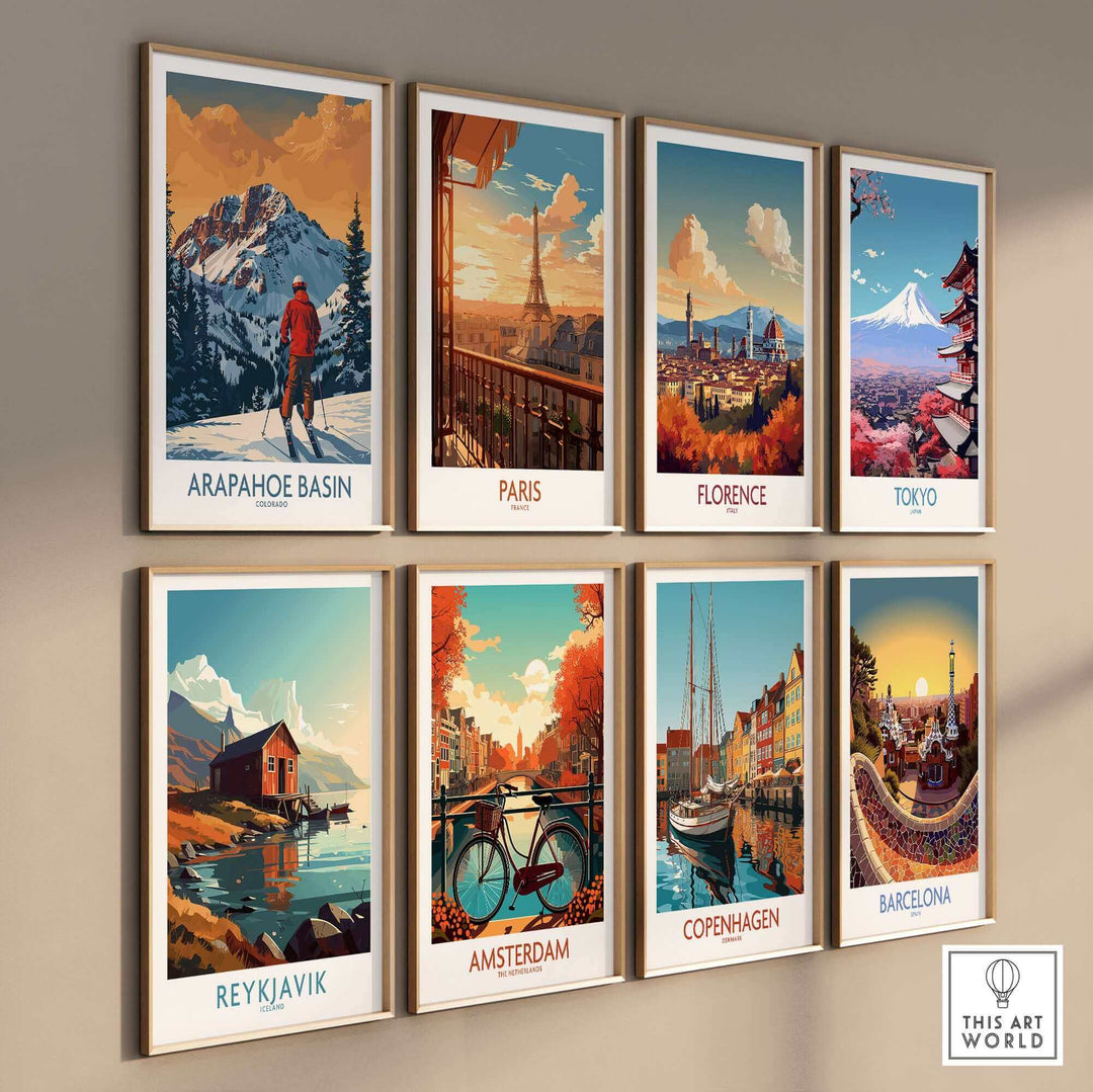 Colorful collection of travel-themed art prints featuring Arapahoe Basin, Paris, Florence, Tokyo, and more. Perfect for home decor.