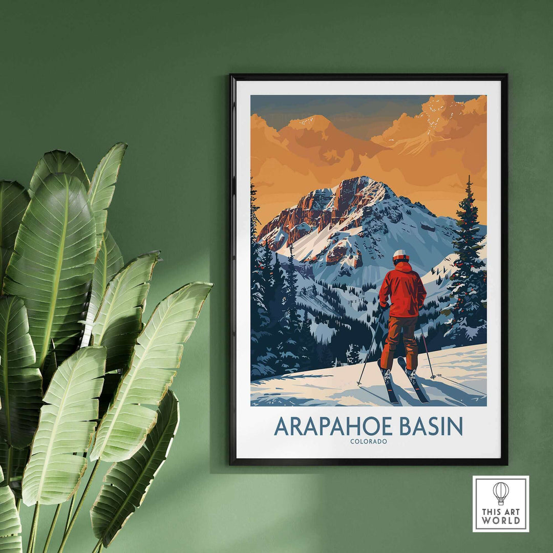 Arapahoe Basin ski print featuring a skier in Colorado's mountains, perfect for ski enthusiasts and home decor.