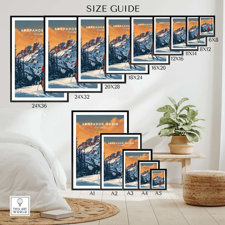 Size guide for Arapahoe Basin travel posters in various dimensions displayed in a stylish home setting.