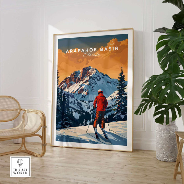 Arapahoe Basin travel poster showcasing a skier against stunning Colorado mountain backdrop, ideal for home decor.