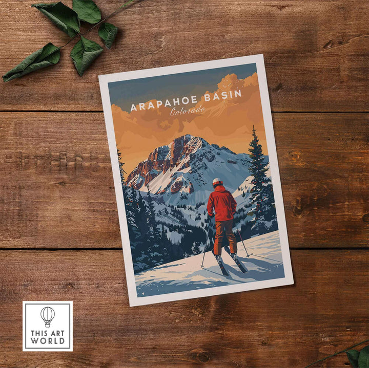 Arapahoe Basin travel poster showcasing a skier against Colorado's stunning mountain backdrop. Perfect for ski and nature enthusiasts.