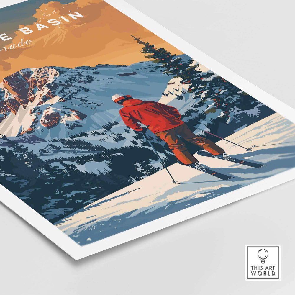 Arapahoe Basin Travel Poster showcasing a skier against Colorado's stunning mountain backdrop. Perfect for ski enthusiasts.