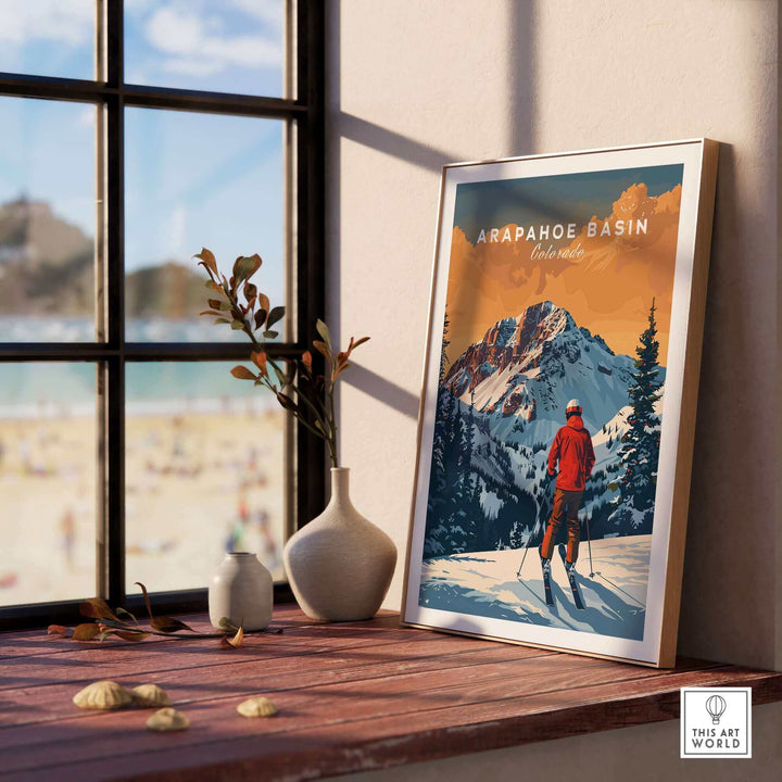 Arapahoe Basin travel poster featuring skier in front of mountain view, perfect for home decor and ski enthusiasts.