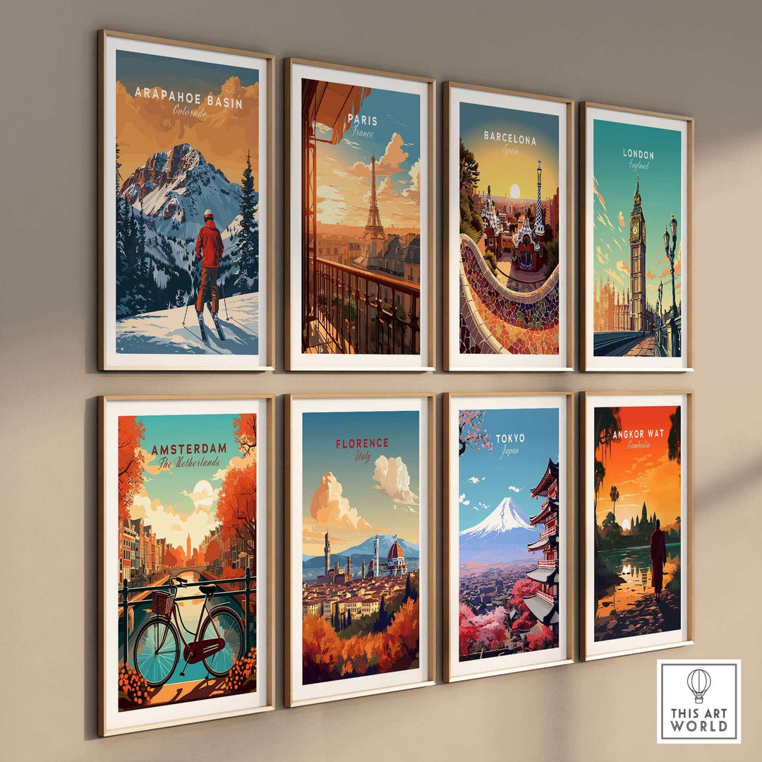 Arapahoe Basin travel poster alongside various city posters, showcasing scenic landscapes and iconic landmarks.